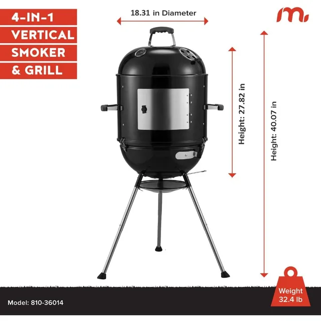 18-Inch 4-in-1 Portable Charcoal BBQ Smoker Grill with Adjustable Air Vent, 600 SQ. In Cooking Area & Temperature Gauge 4 18-Inch 4-in-1 Portable Charcoal BBQ Smoker Grill with Adjustable Air Vent, 600 SQ. In Cooking Area & Temperature Gauge 4