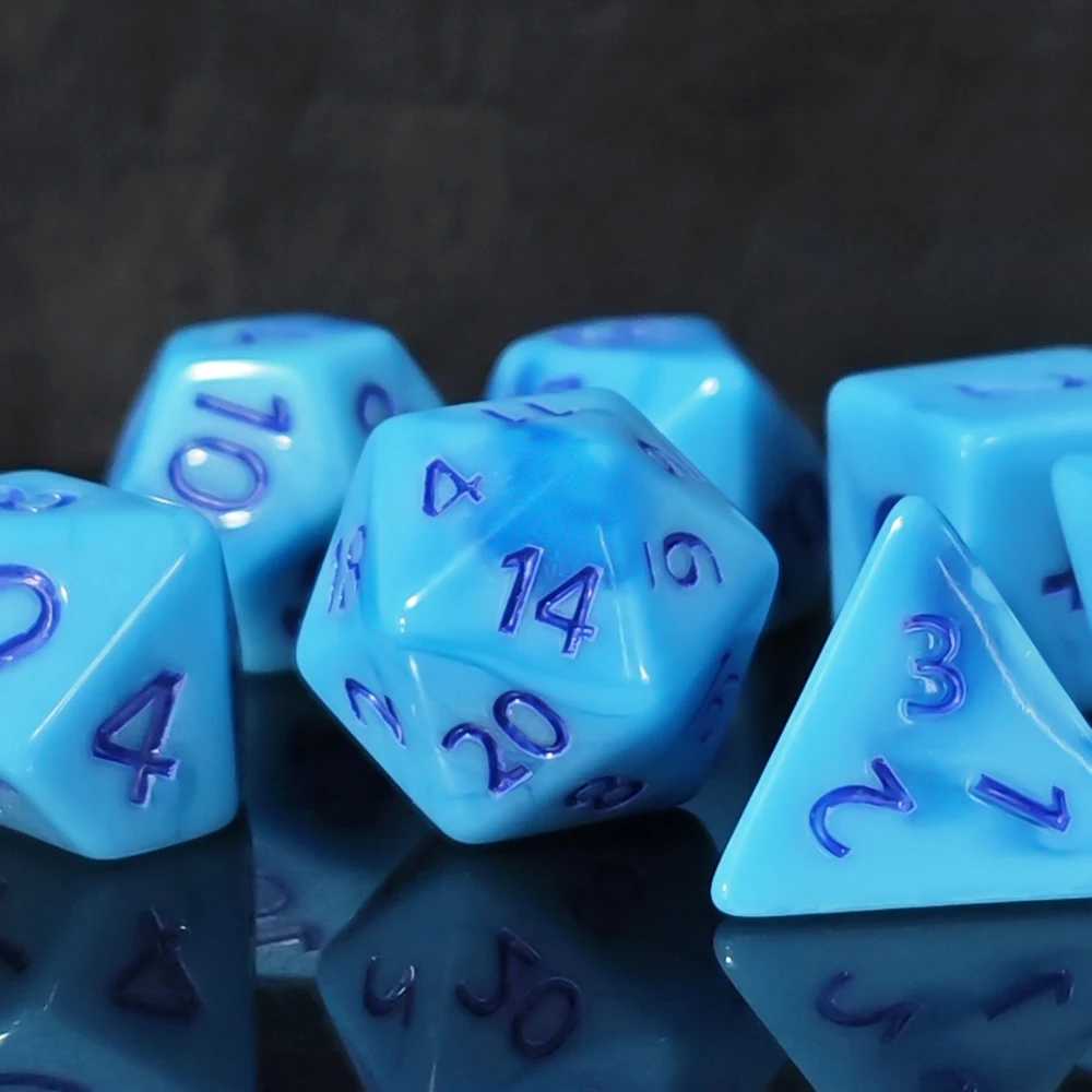Elegant Two-Tone Blue Swirl Polyhedral Dice Set with Deep Blue Ink