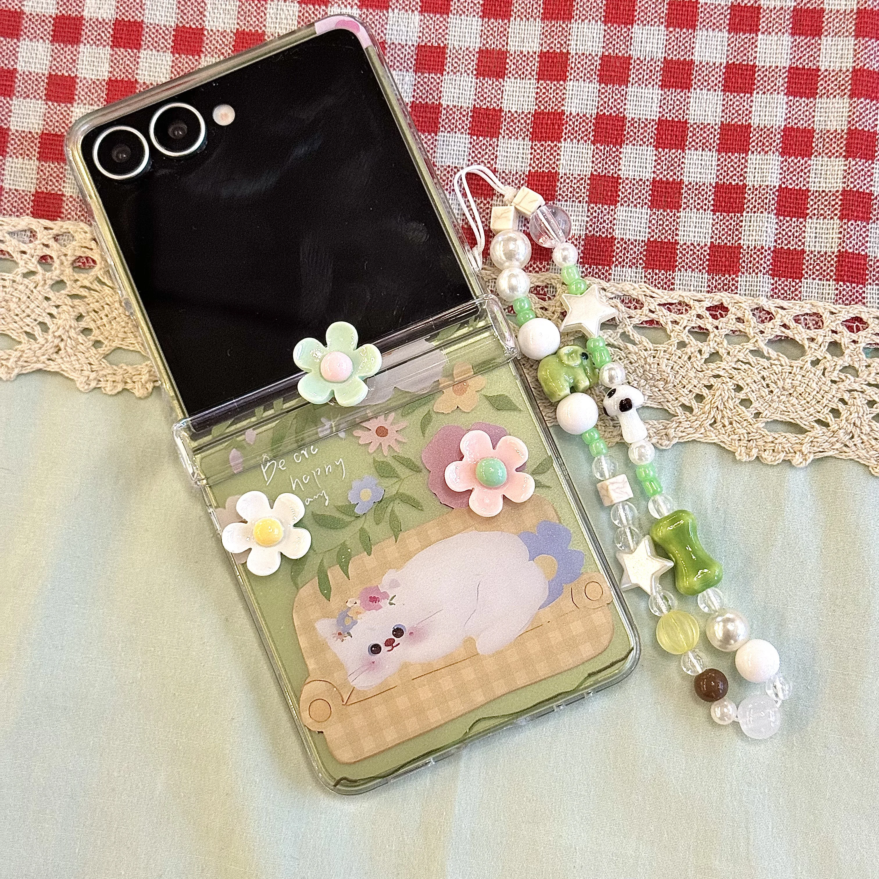 Hinge Protective Phone Case with 3D Flower & Cute Cat Star Wrist Strap