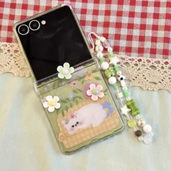 Hinge Protective Phone Case with 3D Flower & Cute Cat Star Wrist Strap - Galaxy Z Flip5 (Greenstrap)