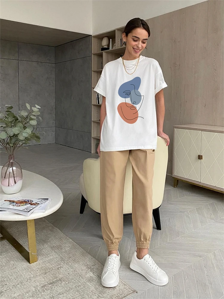 Hirsionsan Elegant Abstract Graphic T-shirts Women Summer Soft O-neck Short Sleeve Tees Casual Loose 100% Cotton Female Pullover