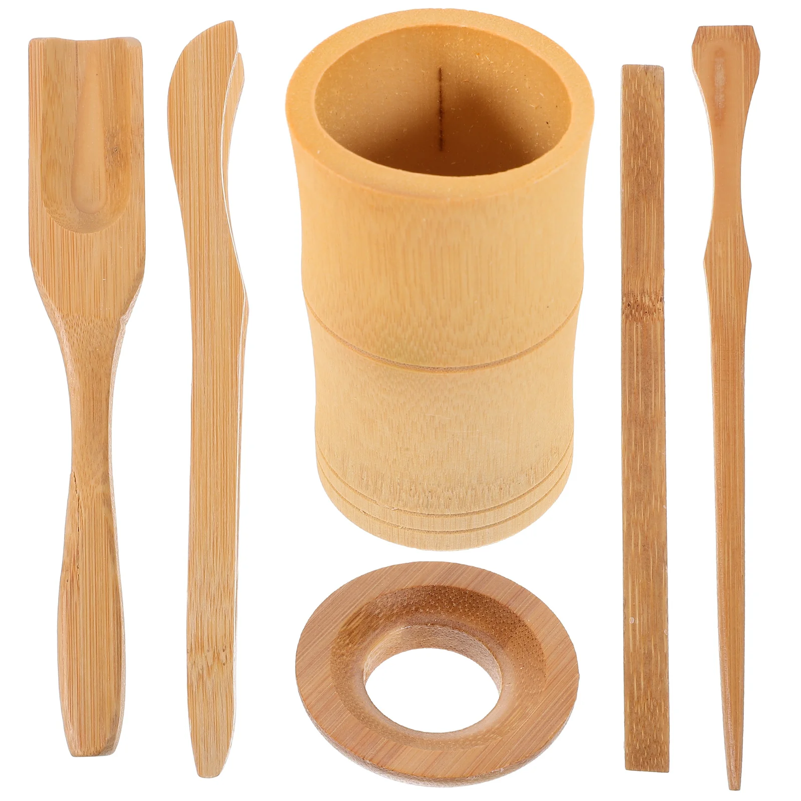 Bamboo Teaware Set 6 Pcs Kitchen Spoon Scoop Clip Bucket Needle Tea Utensils Container Ceremony Accessories Supplies Dining Bar