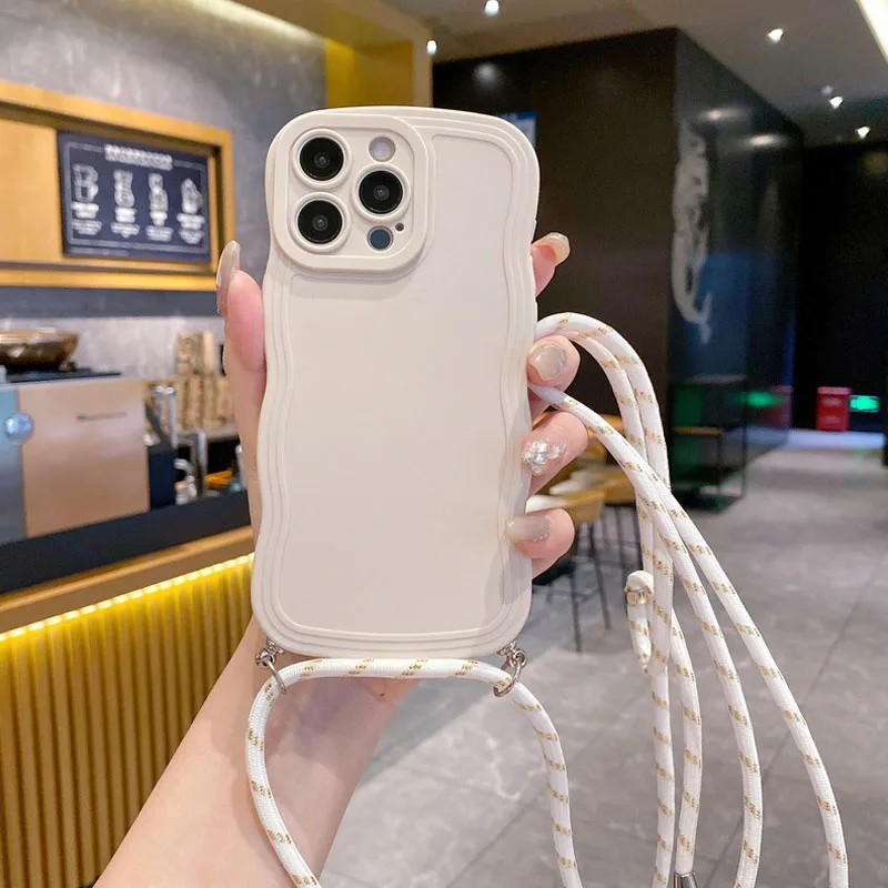 Stylish Wave Edge Lanyard Shockproof Phone Case with Soft Back Cover