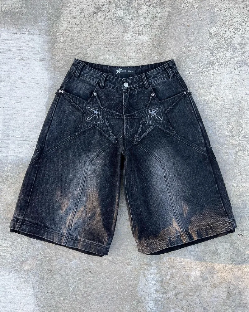 

High Street Retro Fashion Star Zipper Denim Shorts women y2k Harajuku Fashion Baggy denim shorts Couple Casual quarter pants