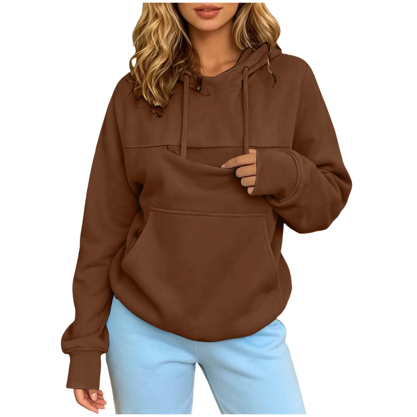 Women Pet Carrier Hoodie With Pet Pocket Drawstring Long Sleeve Cat Dog Holding Pullover Solid Loose Casual Pet Lover Sweatshirt