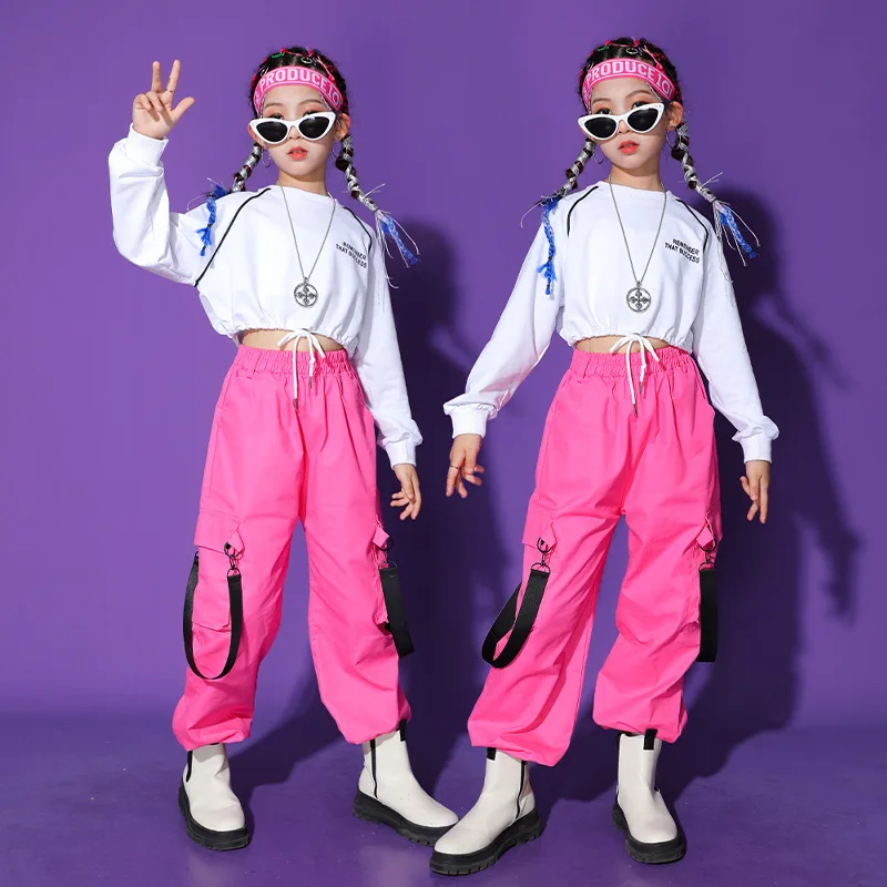 

Hip Hop Girls Pink Cargo Pants Kids Crop Top Skirt Princess Street Dance Clothes Set Child Jazz Sweet Outfit Streetwear Costumes