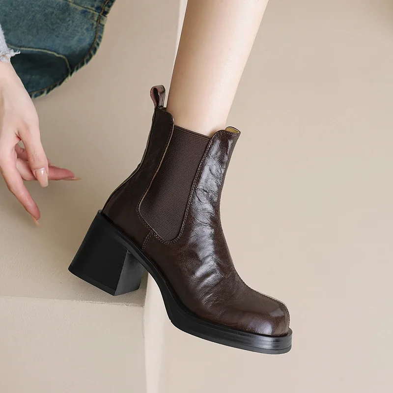 Modern Ladies Shoes Chelsea Boots Women Classic Warm Winter Ankle Boots Concise Sheep Leather Boots for Autumn Thick High Heels
