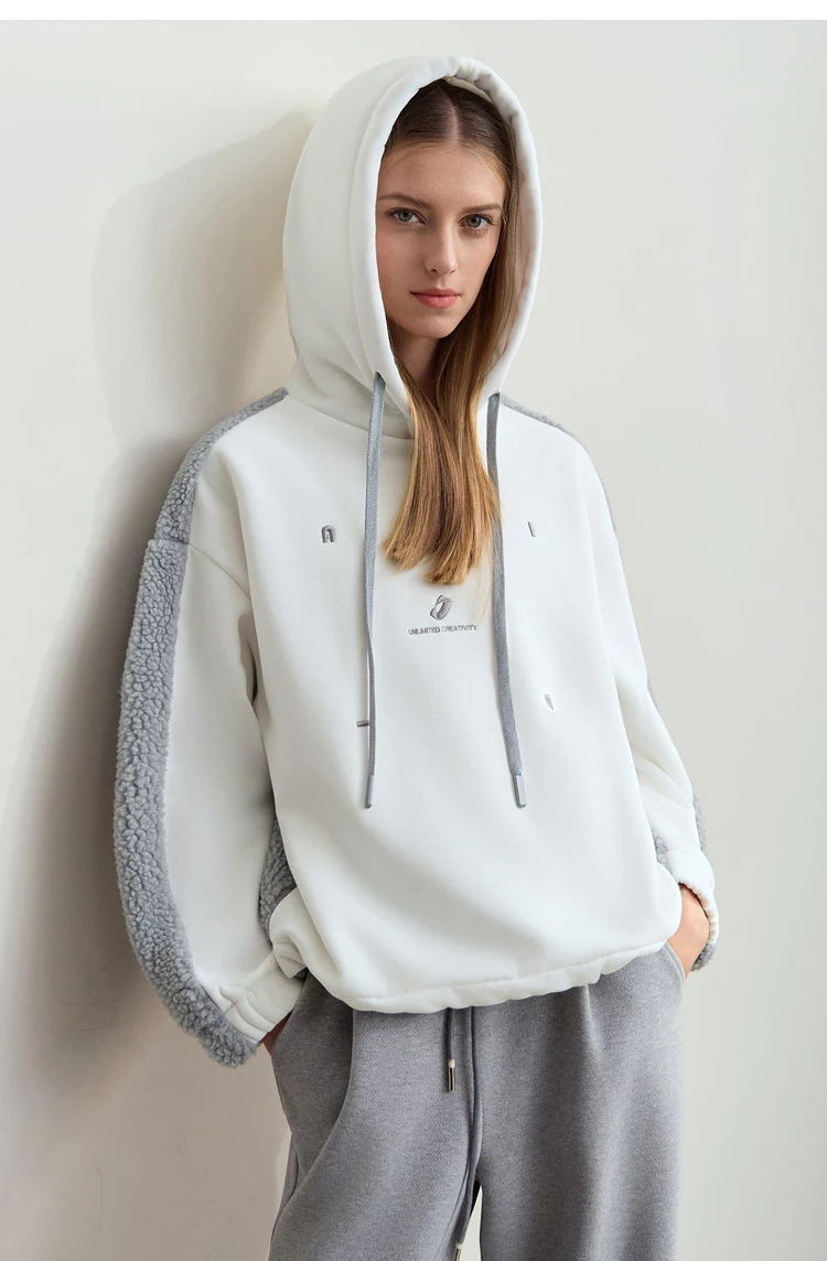 Amii Drawstring Hooded Splicing Imitation Lamb Wool Sweatshirt Embroidered 2024 Winter Women's Loose Thermal Tops 12444131