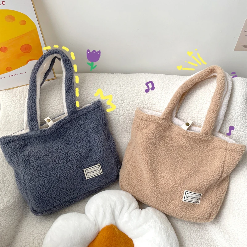 Sac à Main en Forme de Sourire d'Agneau Simple pour Femme, Fourre-Tout Doux en Peluche, de Grande Capacité, pour le Shopping et le Voyage, pour Dame