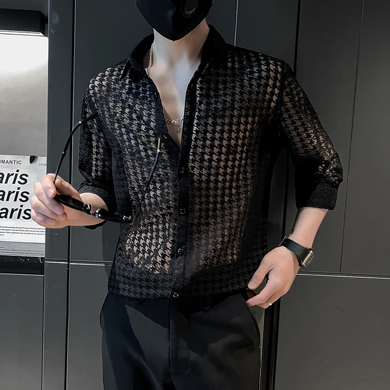 

Summer Mesh Lace See Through Shirts Men Sexy Half Sleeved Slim Fit Transparent Mens Shirt Prom Club Fashion Camisas Y Blusas 4XL