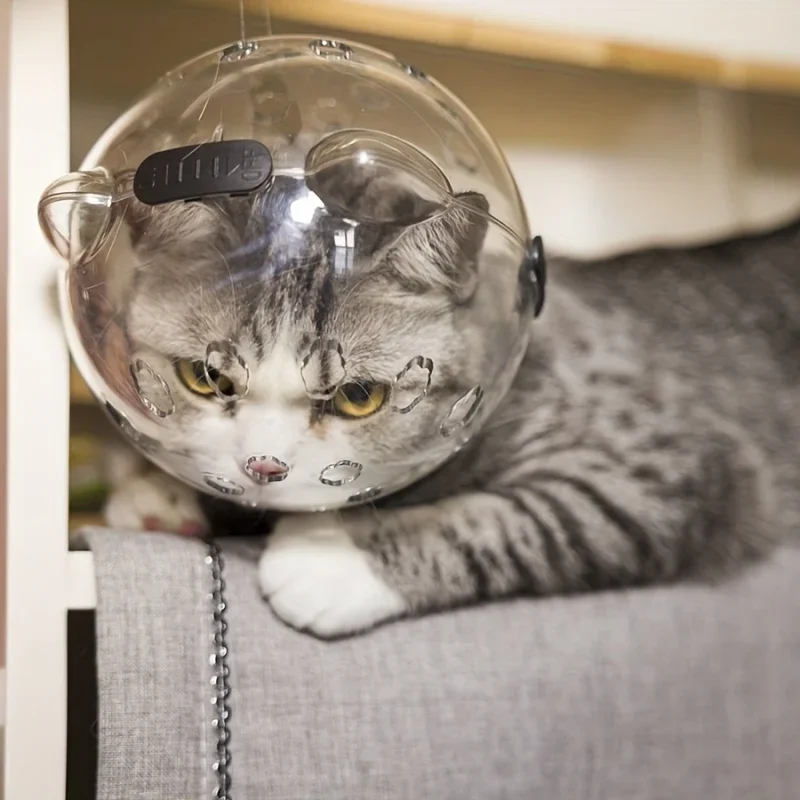 Space Cat Helmet-Breathable Adjustable Transparent Head Cover for Beauty Anti Licking Head Cover Soft and Comfortable Cat Design