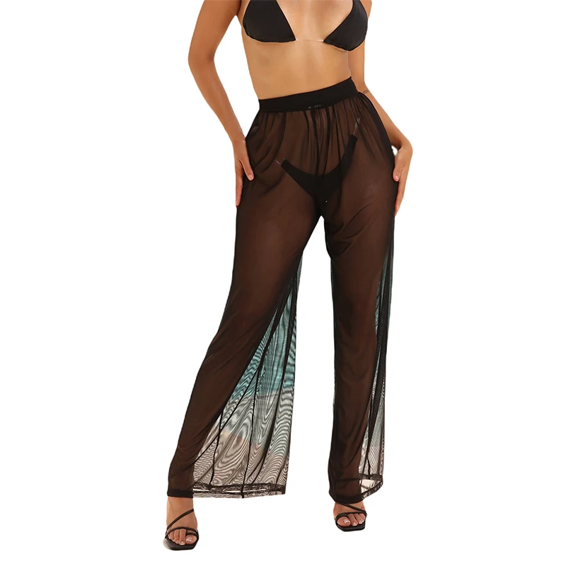 crochet bathing suit cover up Women Mesh Pants See Through Cover-Ups Long Loose Trousers Sheer Beach Swimsuit Bikini Bottom Cover Up High Waist Wide Leg Pants bikini cover up set Cover-Ups