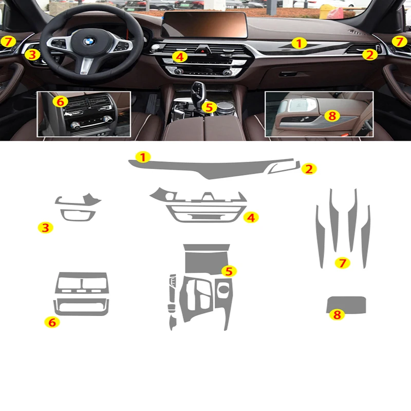 

Прозрачная пленка из ТПУ для BMW 5 Serial 525 530 535 2018-2023, наклейки на интерьер автомобиля, центральная консоль, привод, CD, воздуховыпускная панель двери