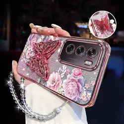Pink Peonies Plating Bracelet Holder Phone Case for OPPO Reno 9 (Pink)
