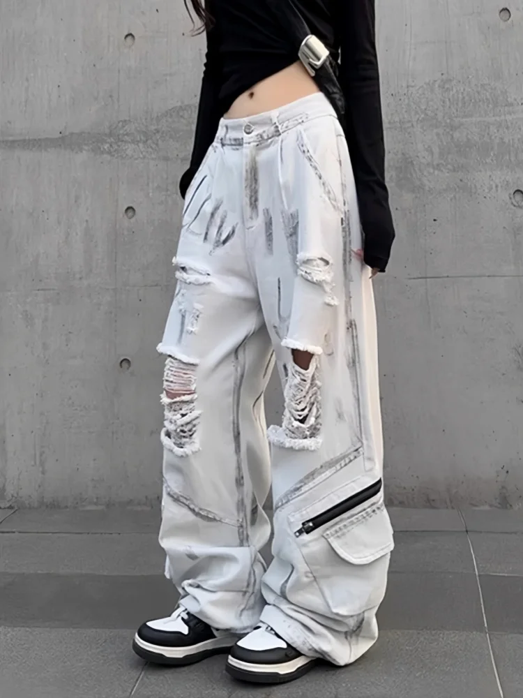 Y2K 2000S White Graffiti Ripped Baggy Stacked Cargo Jeans Pants