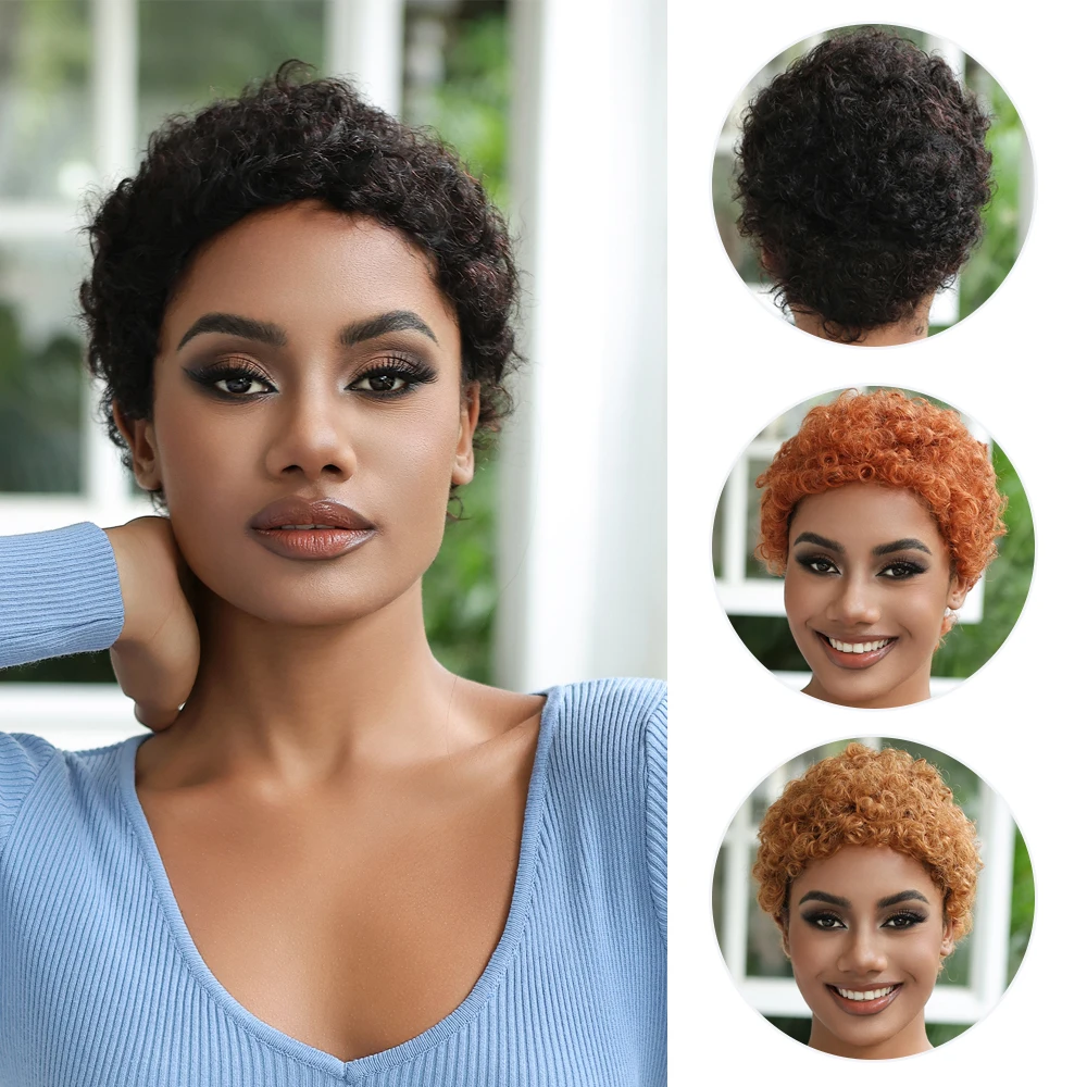 

Short Afro Curly Wavy Wigs 100% Remy Human Hair Wig for Women Natural Black Kinky Curly Human Hair Machine Made Pixie Cut Wigs