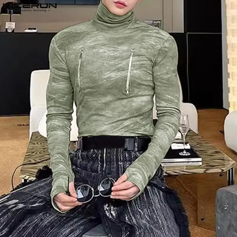 

Fashion Well Fitting Tops INCERUN Mens Tie-dye Printing T-shirts Casual High Neck Zipper Design Long sleeved Camiseta S-5XL 2023