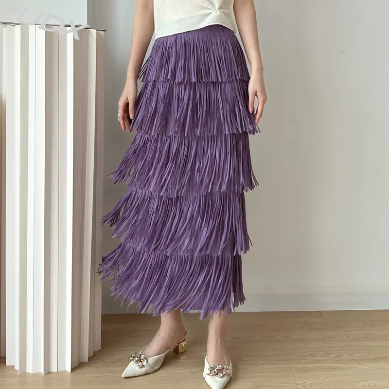 

YUDX 2023 Summer New Retro Style Fringe Women's Half Skirt Miyake Pleated Loose Fashion Elastic Waist Pure Color Pleated Skirt