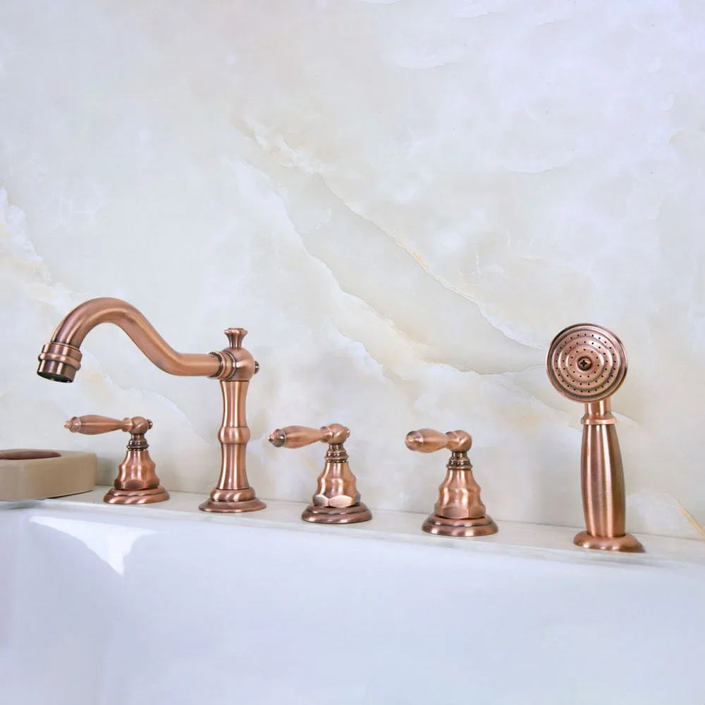 

Antique Red Copper Five Hole Deck Mounted Bathroom Tub Faucet Set with 150CM Handheld Spray Shower Mixer Tap 2tf230