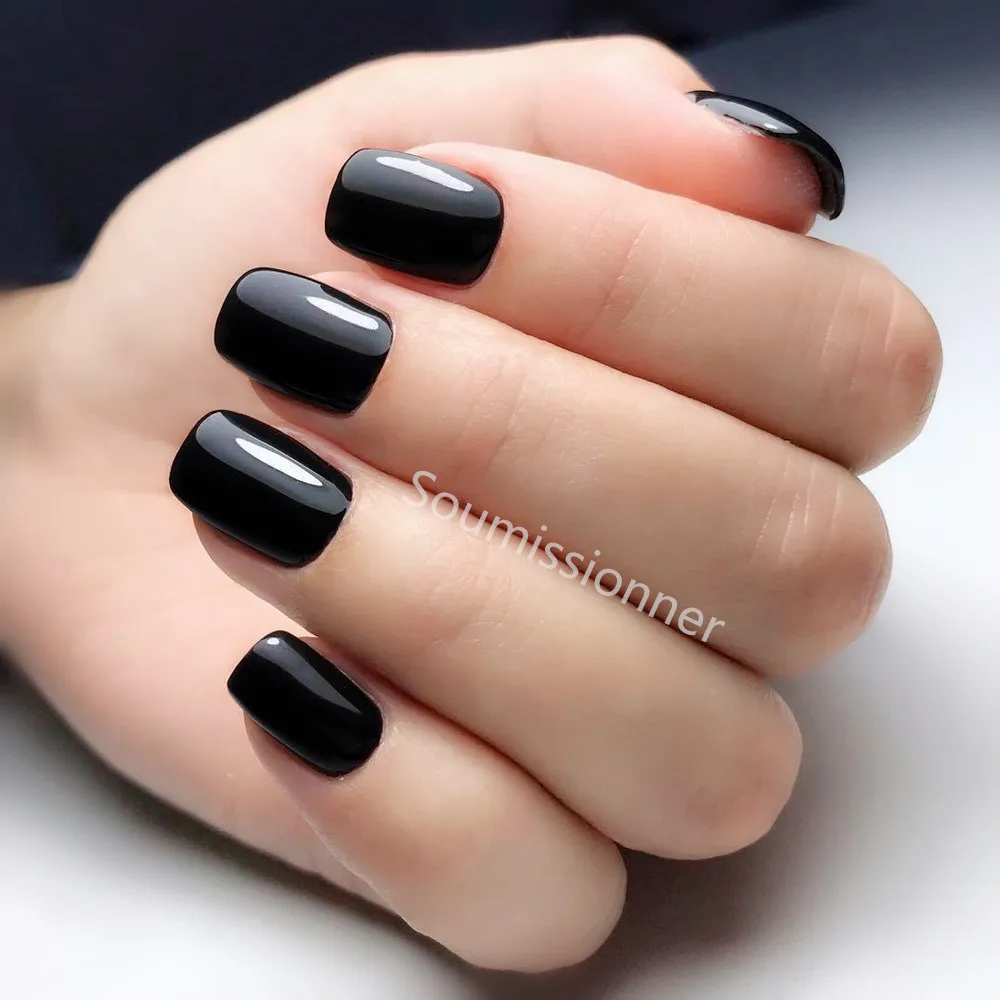 Faux ongles artificiels à pression courte et carrée, avec colle gelée