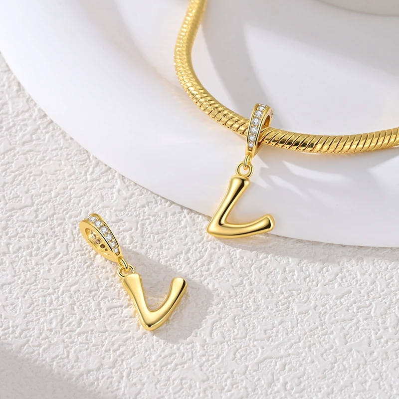 Elegant 925 Sterling Silver Golden Letter Pendant Charm Bead for Women - Jewelry Gift DIY