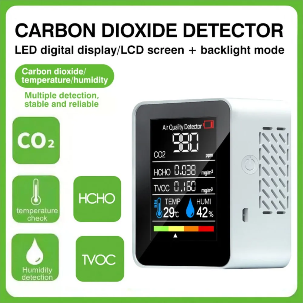 

5 in 1 CO2 detector air quality monitoring carbon dioxide detector indoor temperature humidity formaldehyde detection
