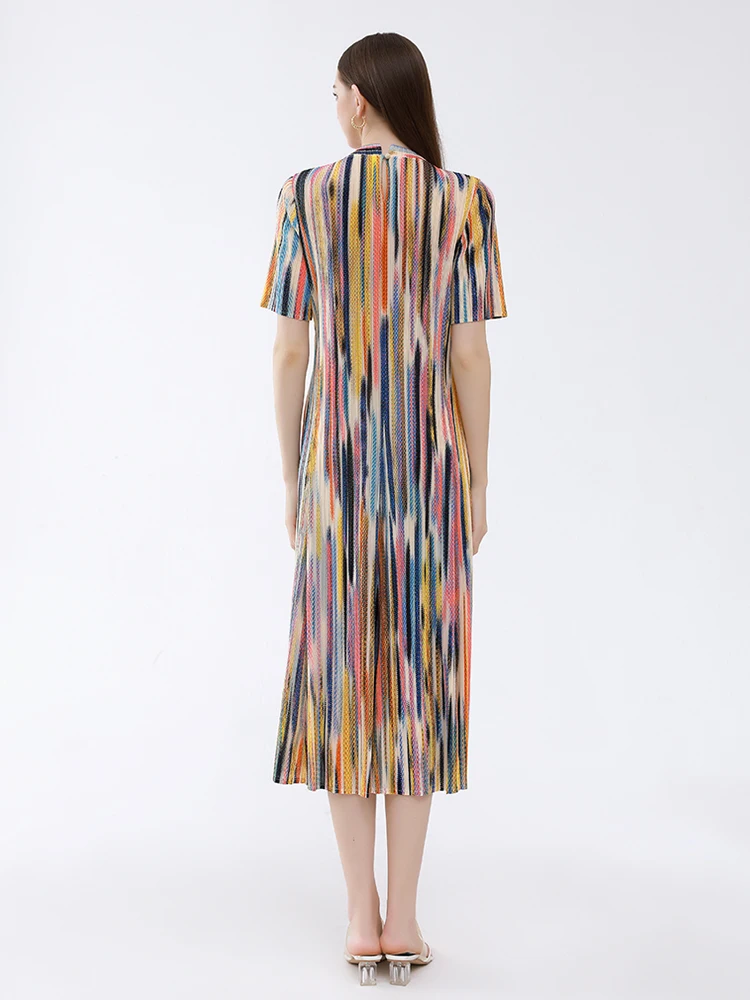 sachin and babi light blue dress Miyake Pleated Camo Printed Half High Collar Back One Button Short Sleeve  Dress Women Designer Fashion Casual Long Clothes