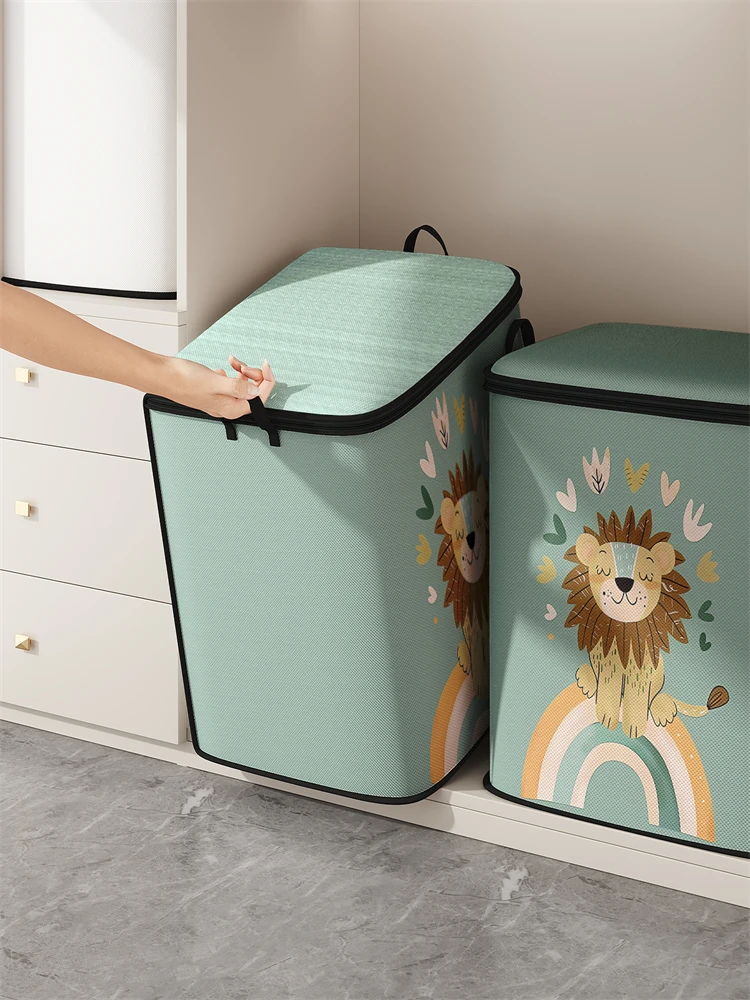 1pc, lion patterned storage container, large capacity clothing, blanket, storage bucket with handle, zipper storage bag