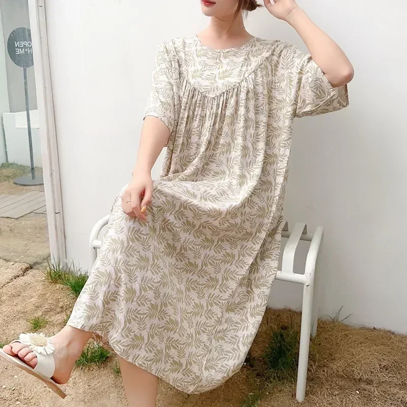 

Neck Cotton Be Women Summer Worn Pajamas Size Homewear Outside Nightdress Can Round Plus Printed New Pijamas Loose 2023 Dress