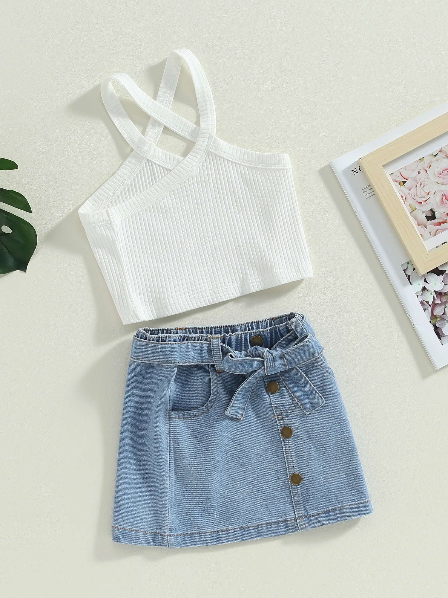 

Denim Skirt Outfits Toddler Girl Sleeveless Cutout Crop Top Ribbed Tank Top Kids Button Front Belted Jean Skirt Set (White 3-4