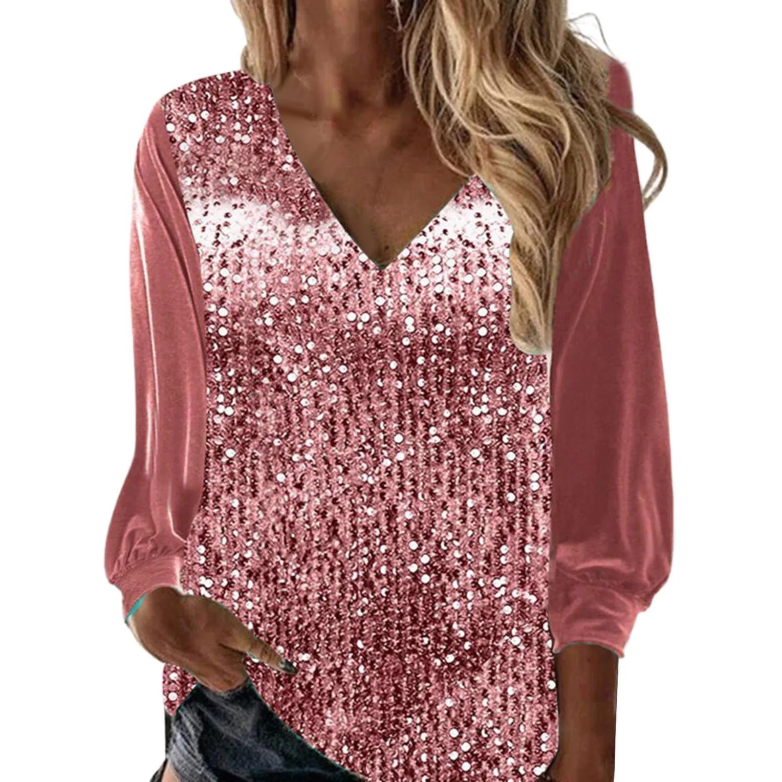 

Womens Sequin Tops V Neck Sparkly Glitter Blouses Loose Long Sleeve Holiday Evening Party Shiny Dressy Shirts ropa de mujer