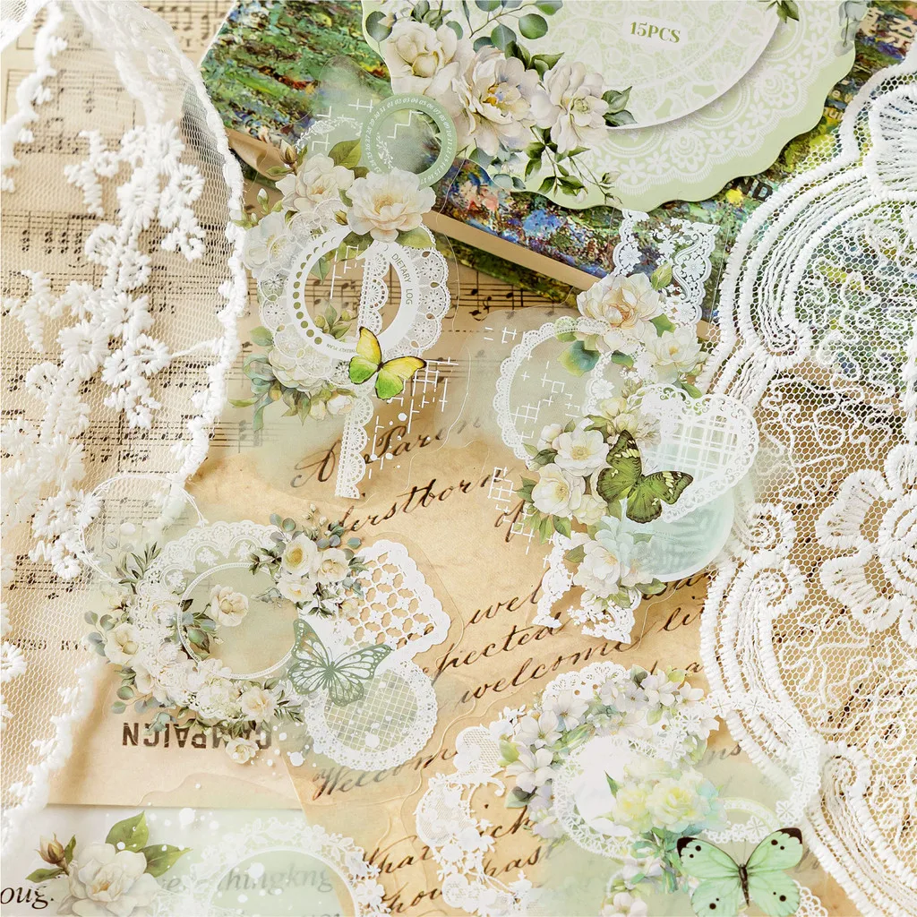 Flower Stickers Lace Border Sticker PET Decorative Stickers Diary Scrapbooking Material Deco Album Stationery Sticker 15pcs Stickers Scrapbooking Supplies