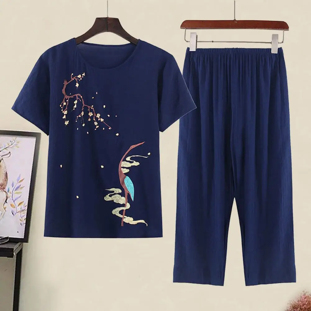 

2 Pieces/set Middle-aged And Elderly Women’s Pajamas Suit O-neck Printed Short-sleeved Elastic Waist Loose Wide-leg Suit