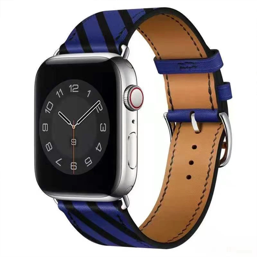 

Leather Strap for Apple Watch Band 49mm 45mm 41mm Ultra 8 7 Two-Tone Leather Stripe Print for iWatch 65432SE 44mm 42mm 40mm 38mm