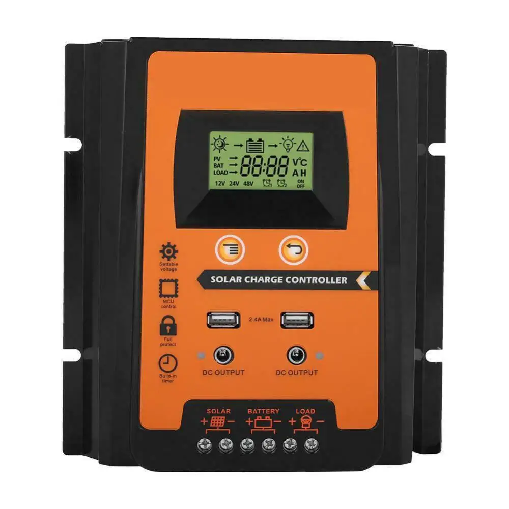 PWM 태양광 충전 컨트롤러, 듀얼 USB 태양광 레귤레이터, 대형 LCD, IP32 PV 배터리 컨트롤러, 부하 타이머, 30A, 50A, 70A, 12V, 24V
