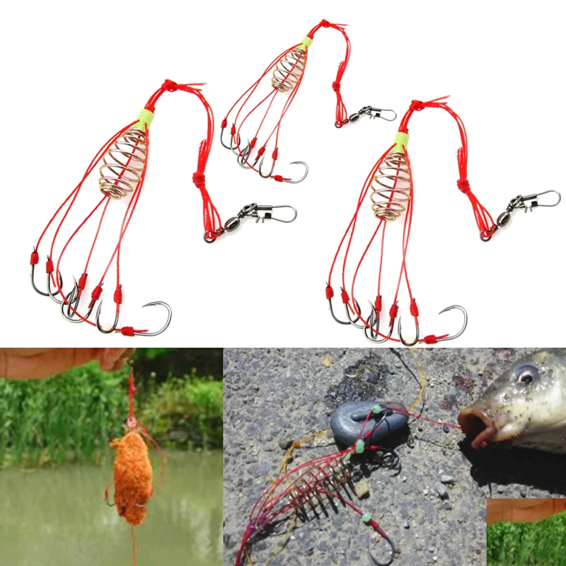 12 Pcs Fishing Feeder Baits Cages Olive Shape Spring Fishing Feeder Bait  Holders with Luminous Pendant Beads 