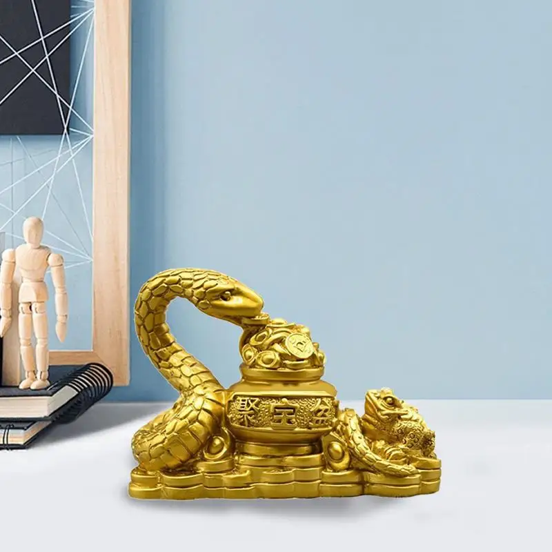 Year Of The Snake 2025 Retro Gold Feng Shui Snake Toad Statue Figurine Coin Money Wealth Luck Figurine Home Director Accessories