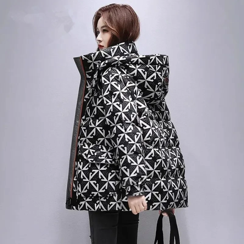 Mid Length Down Cotton Jacket for Women's 2023 Winter New Fashion Loose Fitting Standing Collar Hooded Winter Coat For Women's