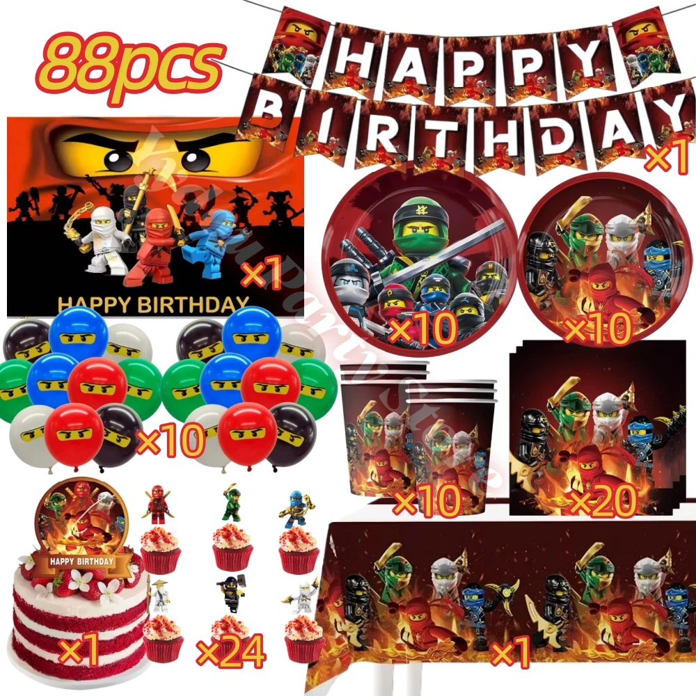 Geburtstagsparty-Dekorationsset: Ninjato-Becher, Teller, Banner, Schlüsselanhänger, Luftballons für Jungen, Kindergeburtstag, Babyparty, Fotokabinen-Requisiten – Detail 11