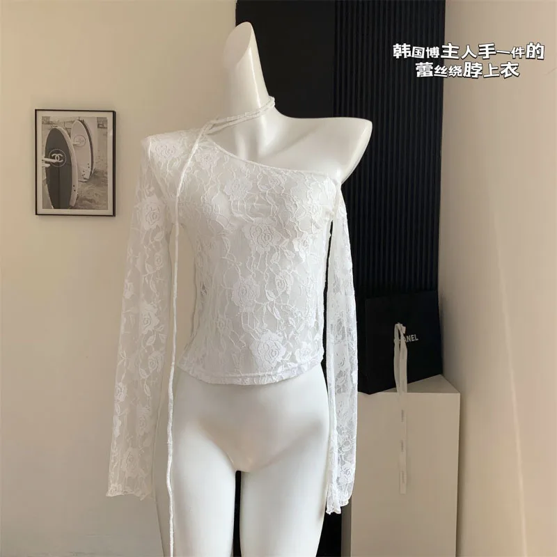 

Женские топы в Корейском стиле с асимметричным кружевом и цветочным принтом, облегающая элегантная Волшебная футболка с длинным рукавом, удобные футболки высокого качества