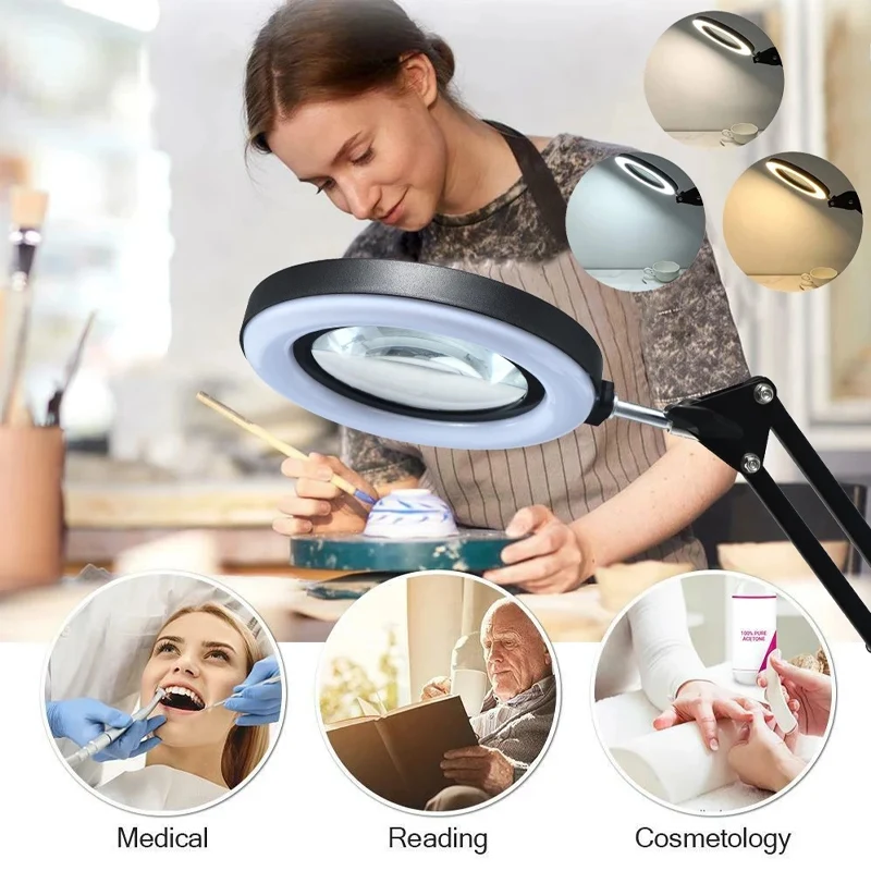 72LED 8X/10X Illuminated Magnifying Glass USB 3 Colors for Soldering Iron Repair/Table Lamp/Skincare Beauty