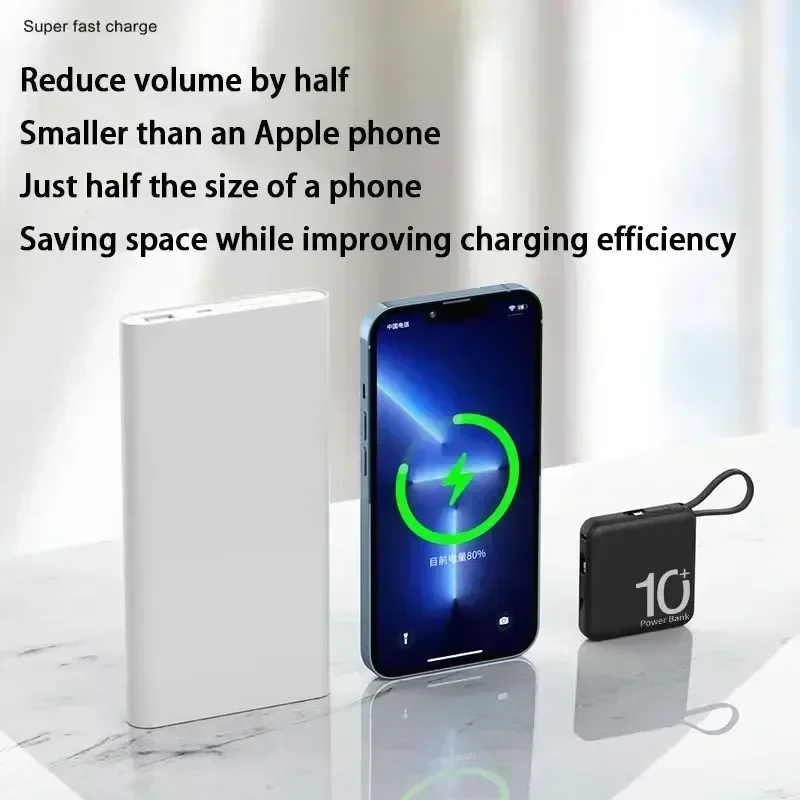 미니 보조배터리 내장 코드 휴대용 마이크로 컴팩트 보조배터리, 10000mAh 고속 충전 외장 배터리, 휴대폰 액세서리