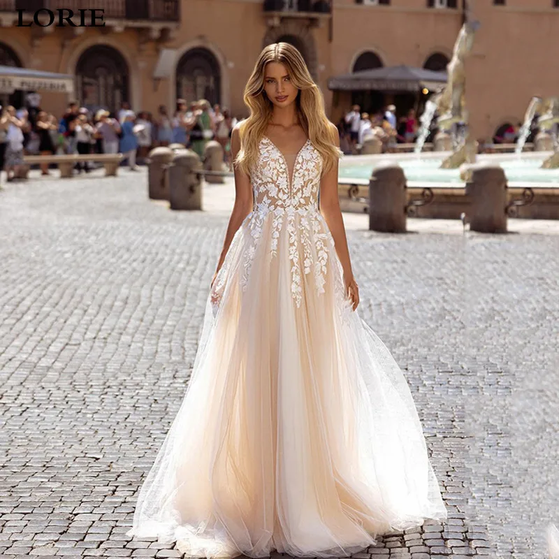 

LORIE Boho Wedding Dresses V-Neck Appliques Lace A-Line Tulle Wedding Gown Beach Simple Bridal Dress bestidos de novia 2023