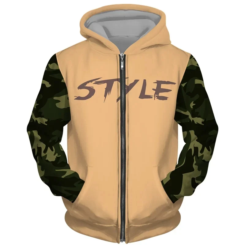 Camouflage Hoodie Casual Camouflage Pattern Zip Up Hoodies Fashion Simple 3D Alphabets Printed Sweatshirt Autumn Loose Streetwear Sports Pullovers
