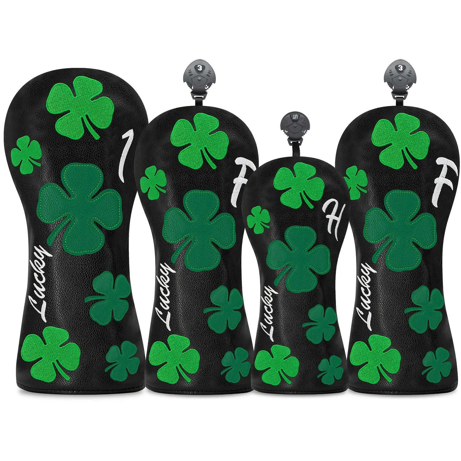 Lucky Charm Golf Putter Head Cover – Deep Black with Green and White Clovers Design
