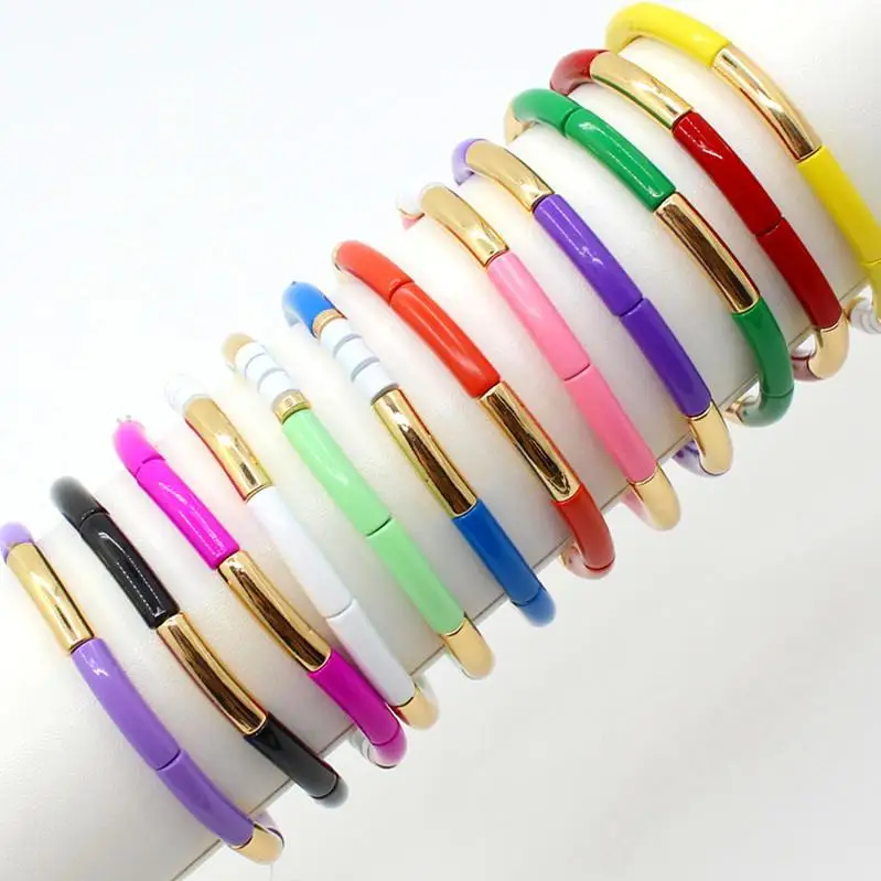 Bohemian DIY Fashion Enamel Women's Bracelet, Bamboo Tube, Rainbow Color-blocking Elasticity, Women's Beaded Bracelet, Jewelry