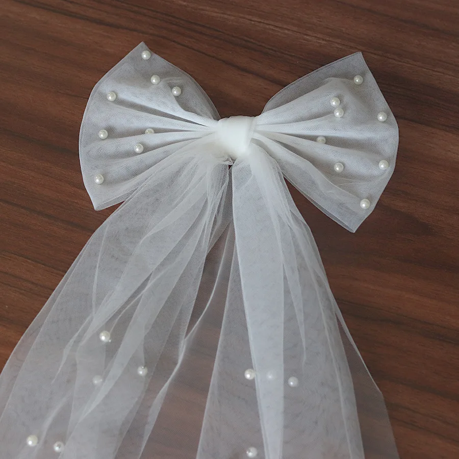 Women Short Veil For Bride Wedding Headdress Pearl Bow Tulle Bachelorette Party Veils Headpieces Lace Mesh Veil With Hair Clip bridal veil