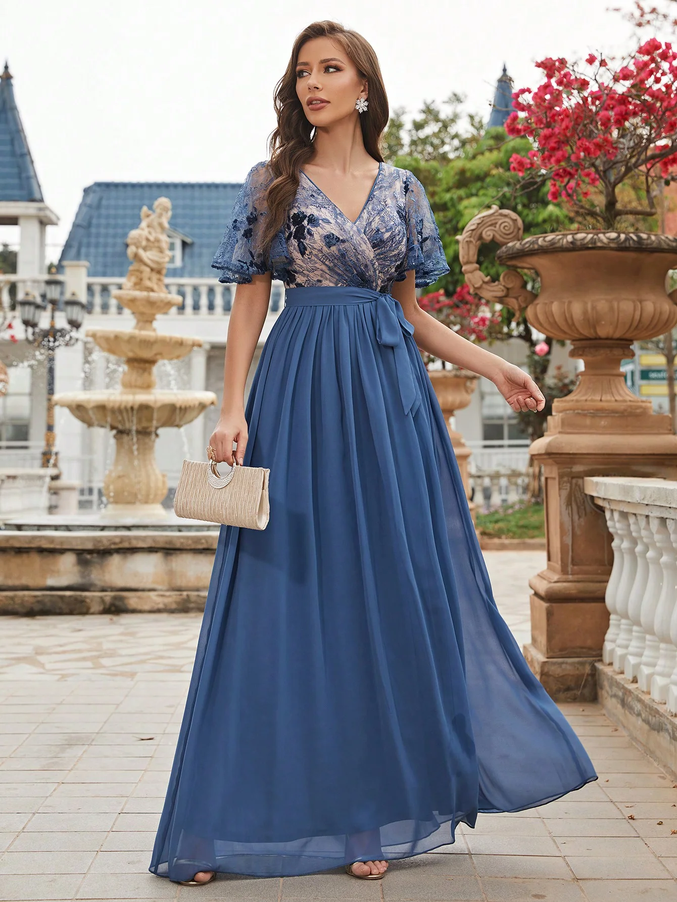 Vestido De Dama De Honor Largo De Gasa Boho Azul Marino main image 0