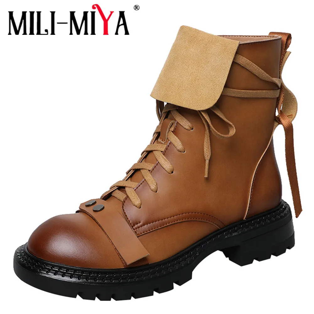 

MILI-MIYA Classic Design Women Cow Leather Ankle Boots Round Toe Thick Heels Lace Up Solid Color Metal Rivet Handmade For Ladies