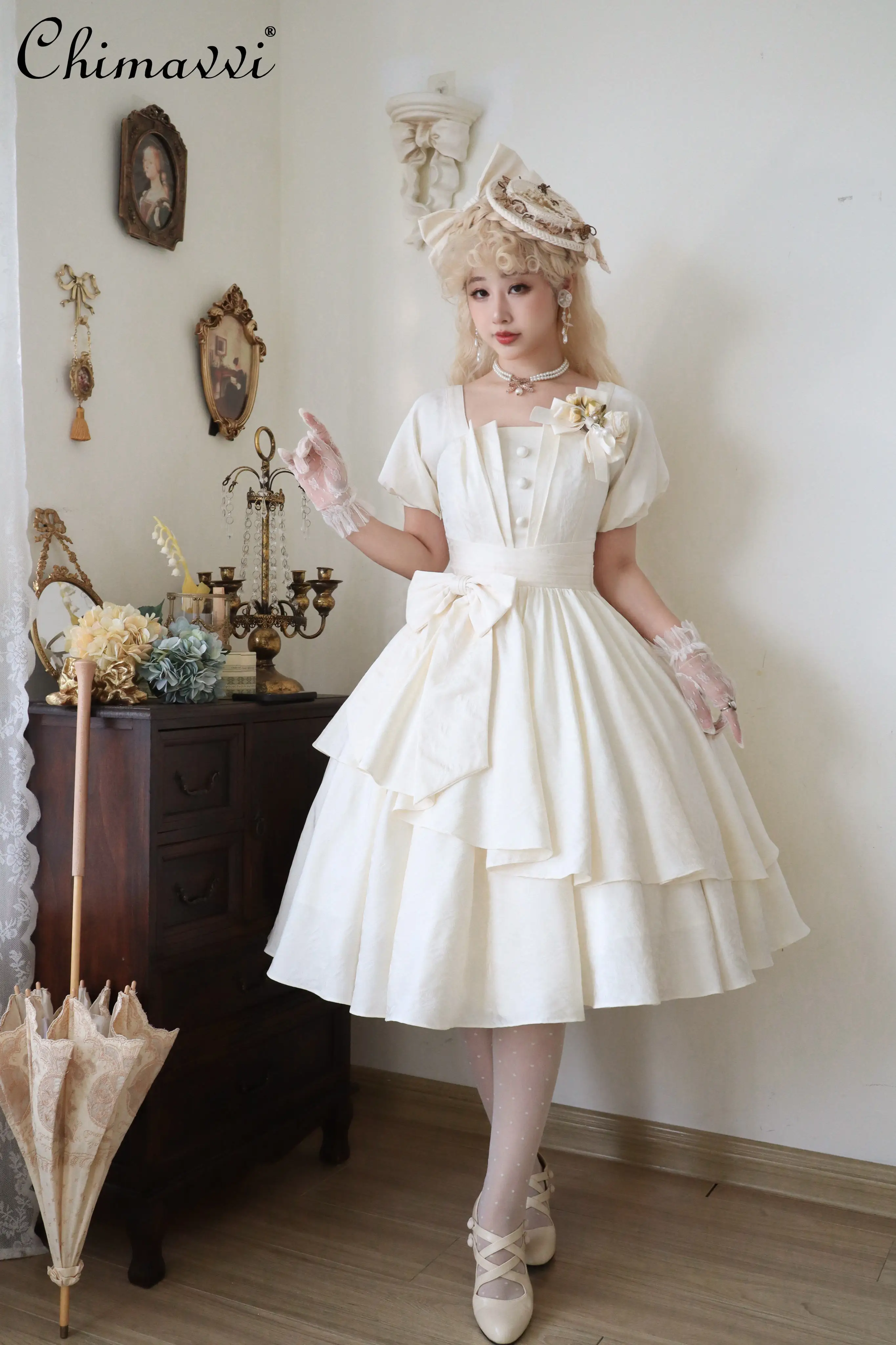 Sweet Girls Op Dress Summer Women Lolita Jacquard Short Sleeve Dress Vintage Pastoral Slim Waist Big Bow Knee Length Dresses